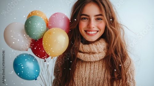 Smiling young woman surrounded by colorful balloons celebrating a joyful occa...