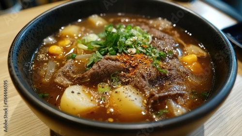 Hearty meat and vegetable soup with spices served in a black bowl garnished with fresh herbs on a wooden table