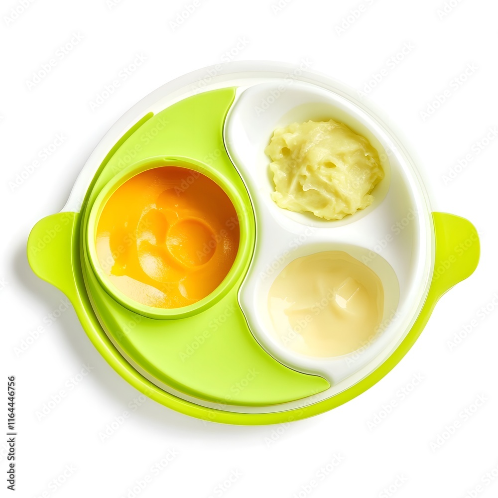 Nourishing Baby Meal with Smooth Puree and Ceramic Plate on Green Background Nourishing Baby Meal with Smooth Puree and Ceramic Plate on Green Background