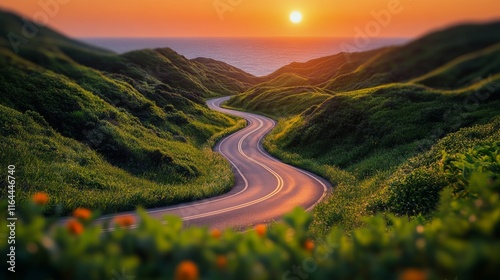 Winding road through green hills at sunset near the ocean