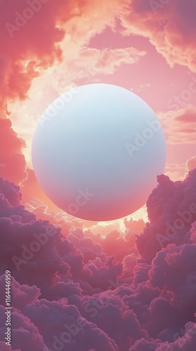 Sunset sky with soft pink clouds and a large white sun illuminating the horizon