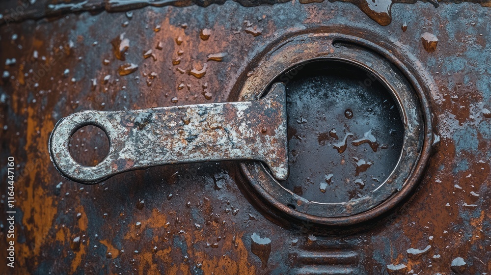 Rusty tin can with weathered can opener showcasing corrosion and water droplets in a close-up view capturing vintage textures and details. Rusty tin can with weathered can opener showcasing corrosion and water droplets in a close-up view capturing vintage textures and details.