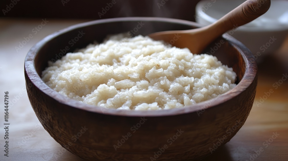 Traditional breakfast bowl of creamy boiled rice with a wooden spoon showcasing a warm and comforting meal for the start of the day Traditional breakfast bowl of creamy boiled rice with a wooden spoon showcasing a warm and comforting meal for the start of the day