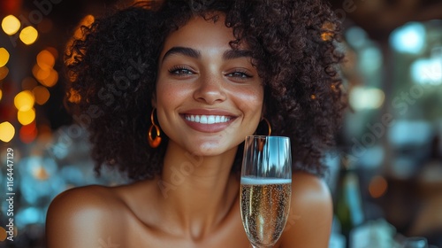 Woman enjoying a sparkling drink at an elegant celebration in an upscale venu...
