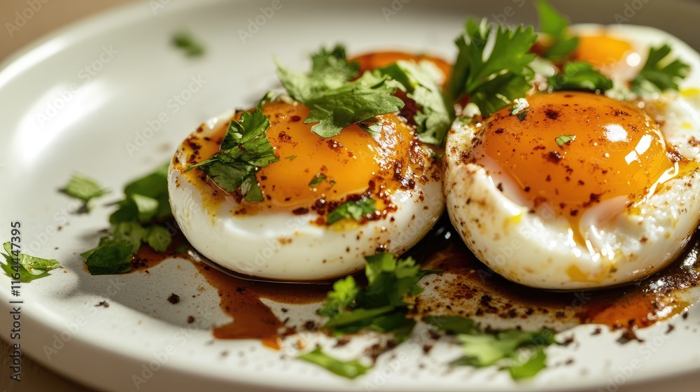 Boiled and fried eggs topped with tamarind sauce and fresh coriander served on a white plate for a gourmet culinary presentation. Boiled and fried eggs topped with tamarind sauce and fresh coriander served on a white plate for a gourmet culinary presentation.