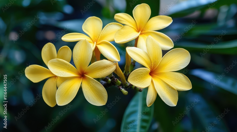 Fototapeta premium vibrant yellow tropical flowers blooming in lush garden surrounded by green foliage showcasing nature's beauty and tranquility