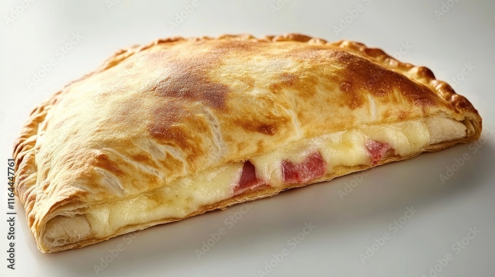 Golden brown calzone filled with savory cheese and meat, presented on a clean white background for culinary appeal. Golden brown calzone filled with savory cheese and meat, presented on a clean white background for culinary appeal.