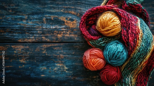 Colorful yarn balls and a vibrant handmade knitted scarf on a rustic wooden background showcasing craftsmanship and creativity. photo