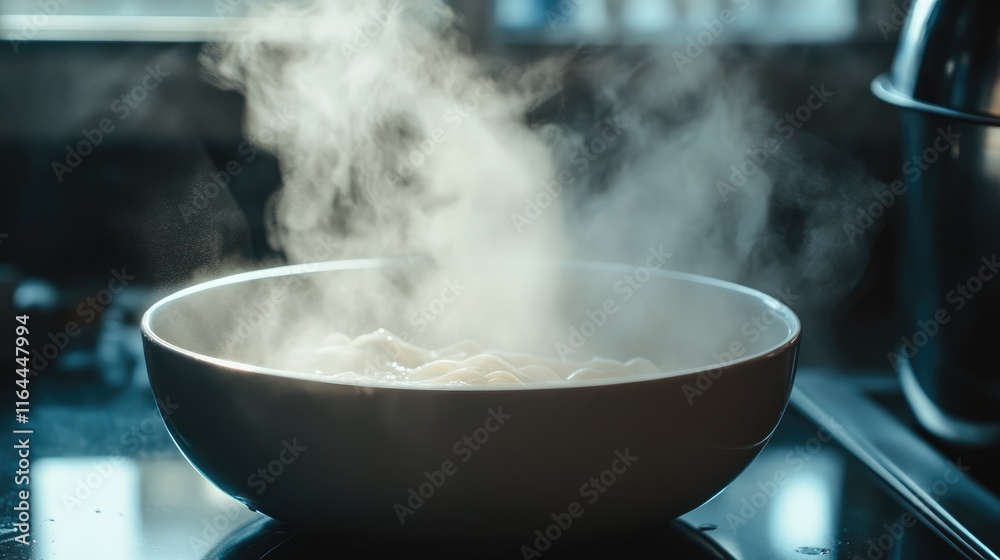 Steaming bowl of thin noodles boiling in a kitchen with aromatic steam rising creating a warm culinary atmosphere for food photography. Steaming bowl of thin noodles boiling in a kitchen with aromatic steam rising creating a warm culinary atmosphere for food photography.
