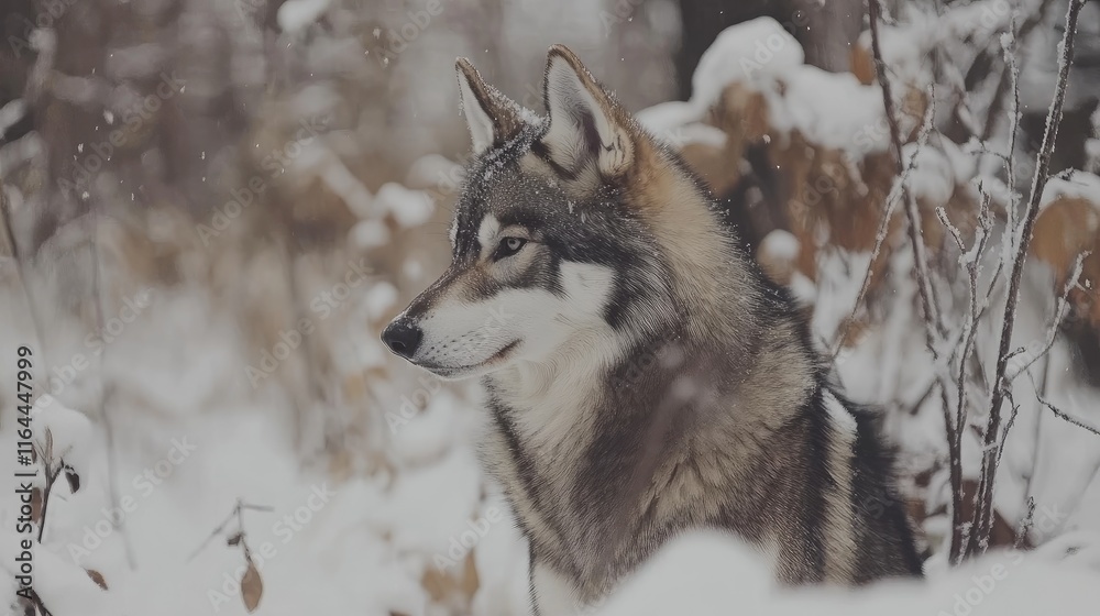Obraz premium Majestic Wolfdog in a Serene Snowy Forest Setting Capturing the Beauty of Nature and Wildlife