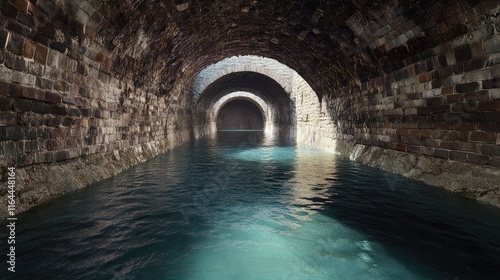 Mysterious Underground Waterway in Historic Castle National Monument with Stone Arches and Reflective Aquatic Surface