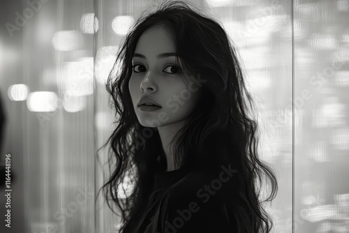 Young woman with long dark hair poses confidently in a modern indoor setting ...