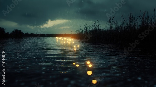 Mysterious bogey lights reflecting on water at dusk surrounded by lush vegetation under a stormy sky
