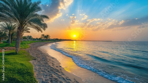 Scenic Sunset over Yanbu Beach with Lush Green Parks and Palm Trees by the Water photo