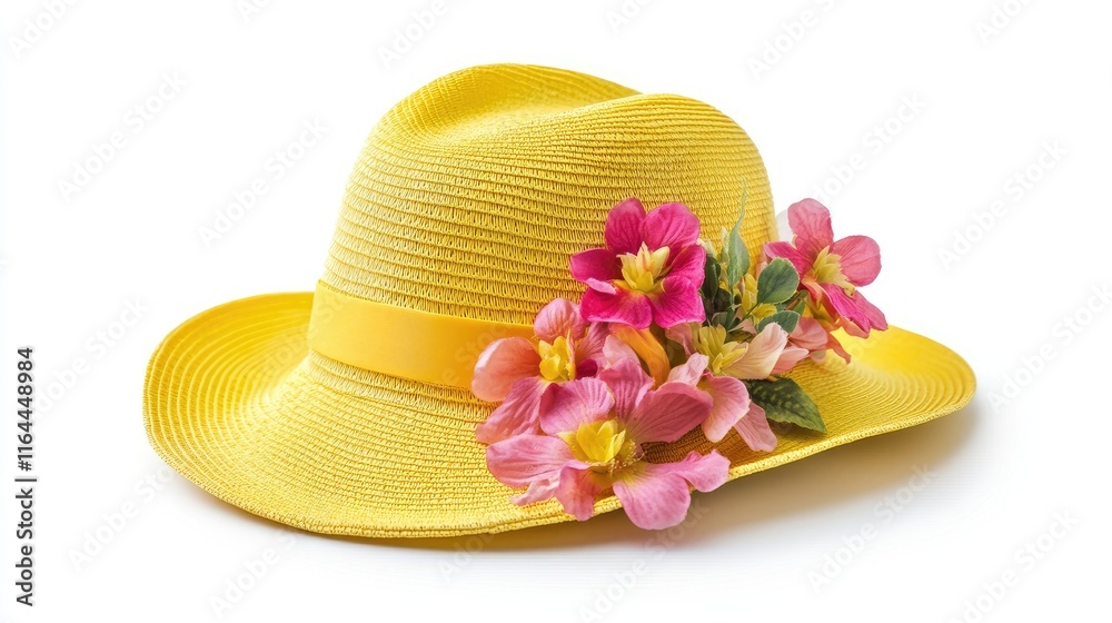 Stylish yellow beach hat with floral decoration on a white background perfect for summer accessories and fashion promotion Stylish yellow beach hat with floral decoration on a white background perfect for summer accessories and fashion promotion