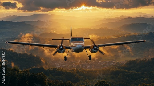 Scenic view of a twin-engine plane flying over mountains at sunset near a small village photo