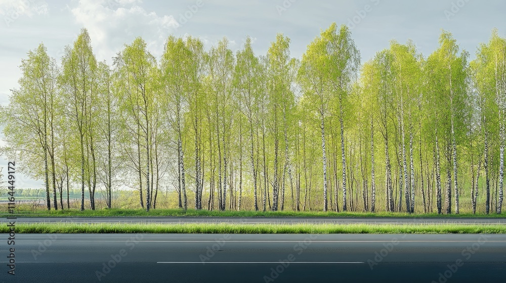 Fototapeta premium Springtime birch grove flourishing beside a modern highway showcasing vibrant greenery and serene natural beauty in an urban landscape.
