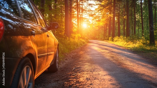 Car parked on a tranquil forest road at dawn with sunlight filtering through trees showcasing adventure and nature's beauty. photo