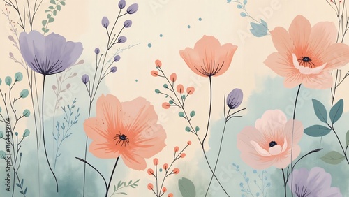Ethereal Pastel Floral Pattern, Delicate Vintage Botanical Illustration in Peach, Lavender, Mint Green & Powder Blue