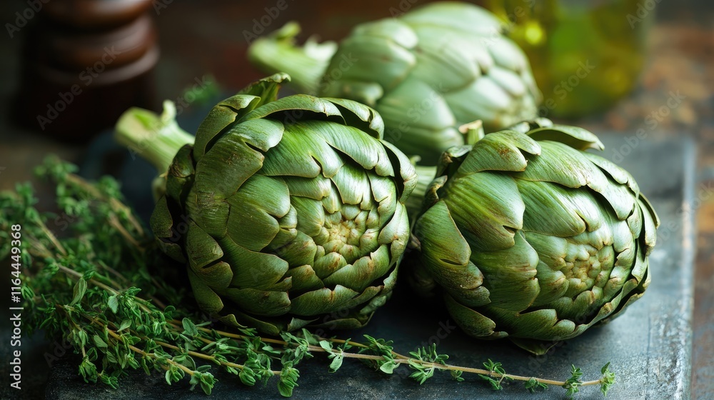 Obraz premium Boiled artichokes garnished with fresh thyme highlighting natural ingredients and culinary presentation