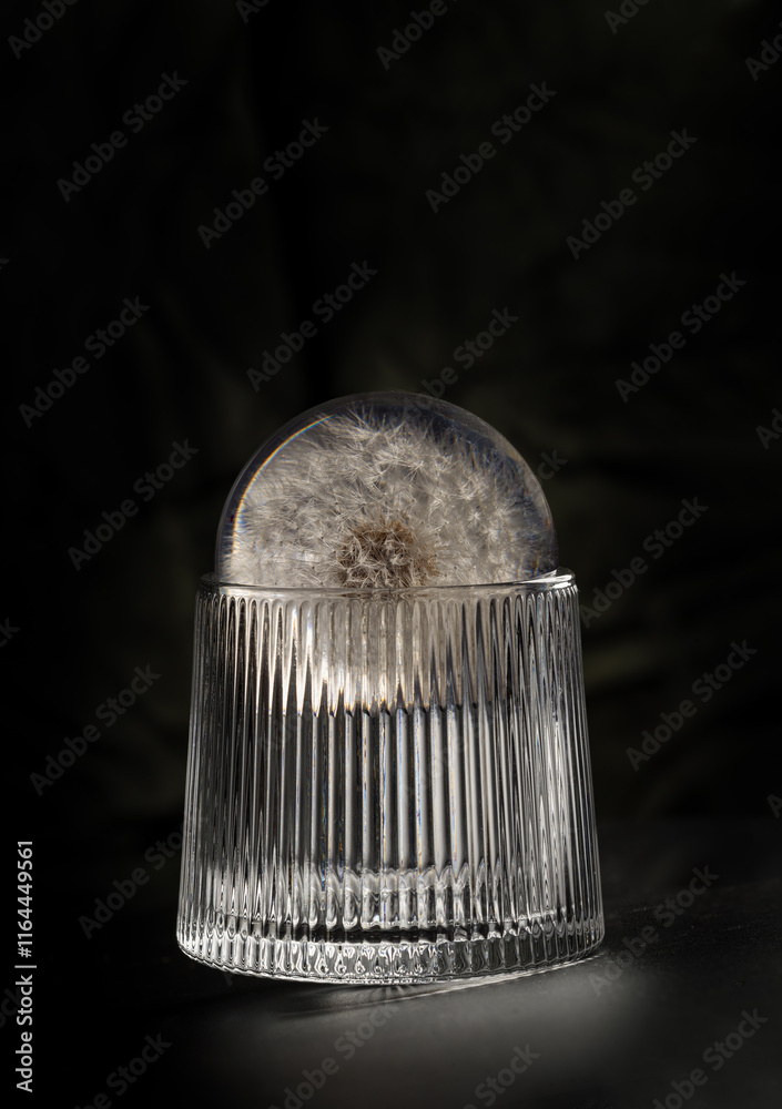 Design elements of Round crystal with preserved fresh flower dandelion on Whiskey glass on dark background with reflection. use it as your Wallpaper, Poster and Space for text, Selective focus.