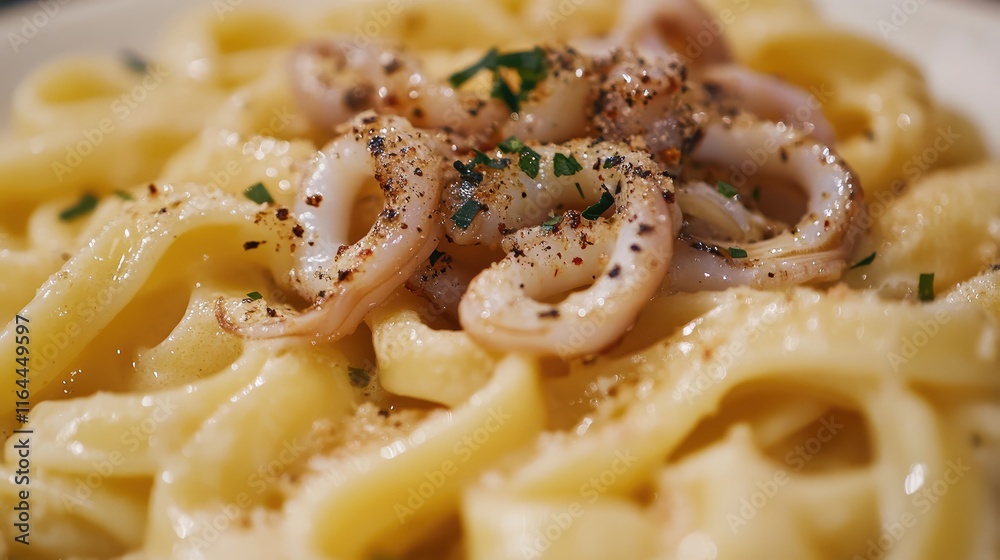 Campanelle pasta with fried squid topped with herbs and spices in a gourmet presentation Campanelle pasta with fried squid topped with herbs and spices in a gourmet presentation