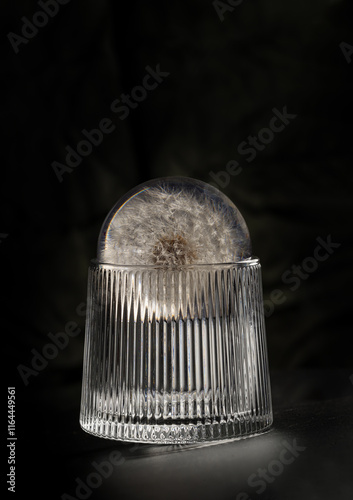 Obraz na płótnie Design elements of Round crystal with preserved fresh flower dandelion on Whiskey glass on dark background with reflection. use it as your Wallpaper, Poster and Space for text, Selective focus. w salonie
