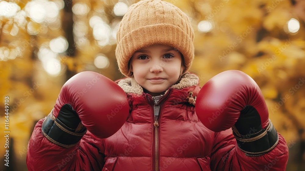 Child wearing boxing gloves and a cozy autumn jacket in a colorful fall landscape, embodying confidence and playful spirit. Child wearing boxing gloves and a cozy autumn jacket in a colorful fall landscape, embodying confidence and playful spirit.
