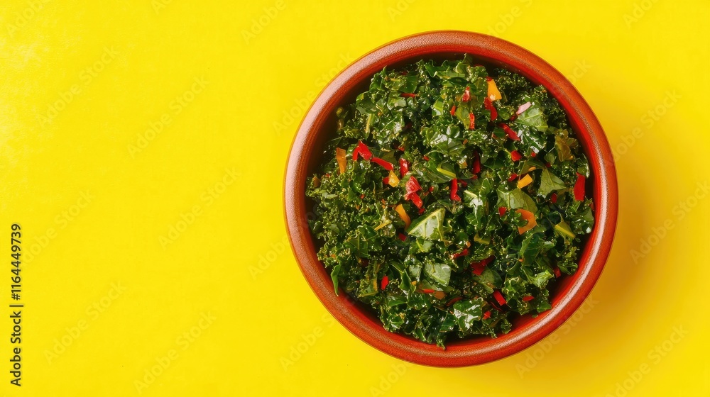 Fresh and Spicy Kale Salad in a Brown Bowl on Bright Yellow Background Top View Flat Lay Healthy Eating Concept Fresh and Spicy Kale Salad in a Brown Bowl on Bright Yellow Background Top View Flat Lay Healthy Eating Concept
