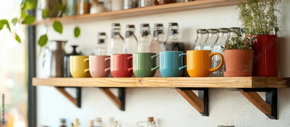 Stylish room interior featuring a decorative shelf with colorful mugs and vintage bottles creating a charming and inviting atmosphere Stylish room interior featuring a decorative shelf with colorful mugs and vintage bottles creating a charming and inviting atmosphere