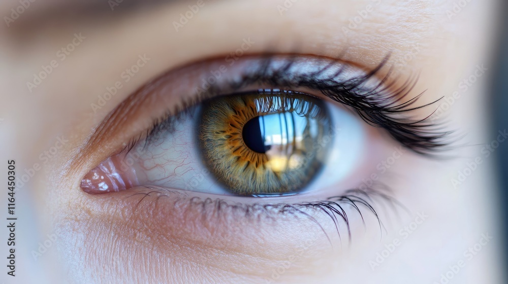 Close up of a human eye during an astigmatism test highlighting detailed iris and reflection for eye examination purpose