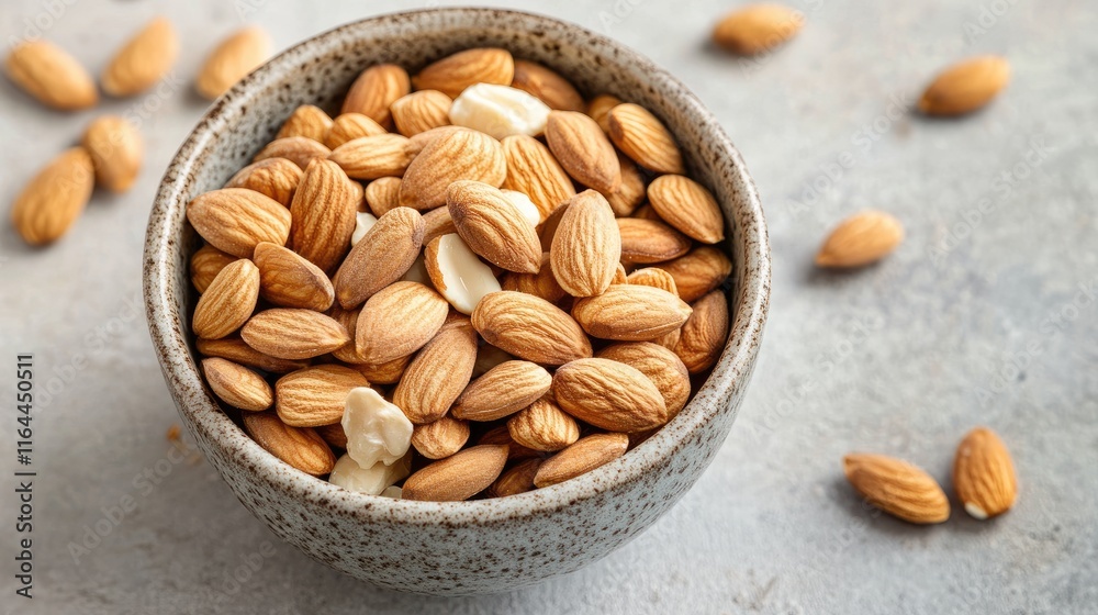 Bowl of raw almonds in a textured ceramic bowl with scattered almonds on a light surface background Bowl of raw almonds in a textured ceramic bowl with scattered almonds on a light surface background
