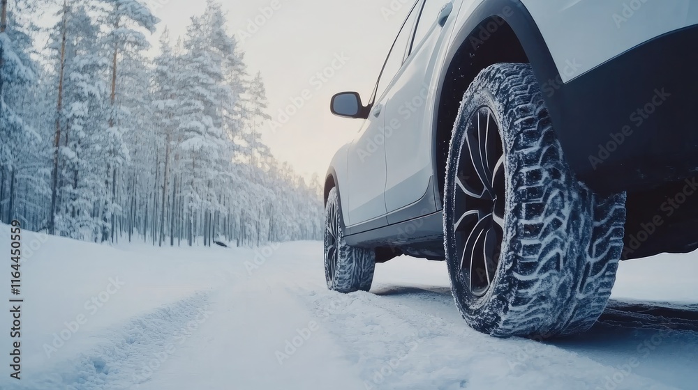 Naklejka premium SUV tire on snowy hill preparing for summer tire change winter landscape with snow and ice forest in background