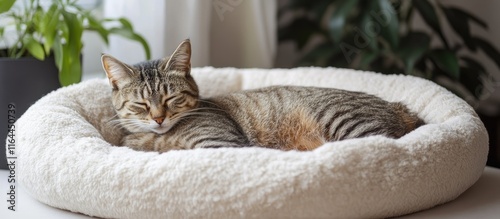 Cozy tabby cat resting peacefully in a plush pet bed ideal for home decor and pet lover aesthetics photo