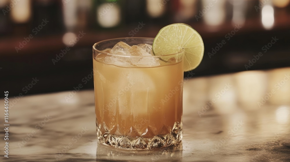 Bourbon cocktail served with ginger ale and lime garnished on a marble bar top close up Bourbon cocktail served with ginger ale and lime garnished on a marble bar top close up