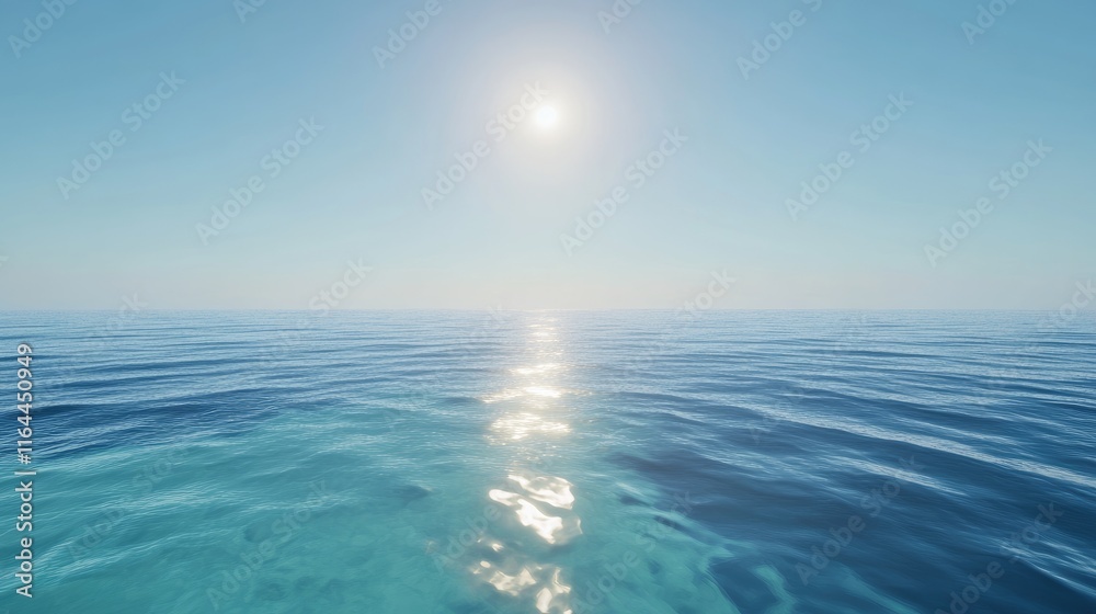 Obraz premium Serene ocean view with clear blue waters and bright sun reflecting on a smooth horizon under a bright sky
