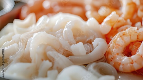 Chopped squid and cooked shrimp seafood close up showcasing fresh textures and vibrant colors for culinary presentations. photo