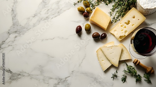 Assorted Cheeses Olives Herbs and Red Wine on Marble