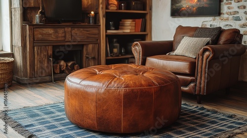 Cozy leather armchair and ottoman in an inviting living room with large windo...