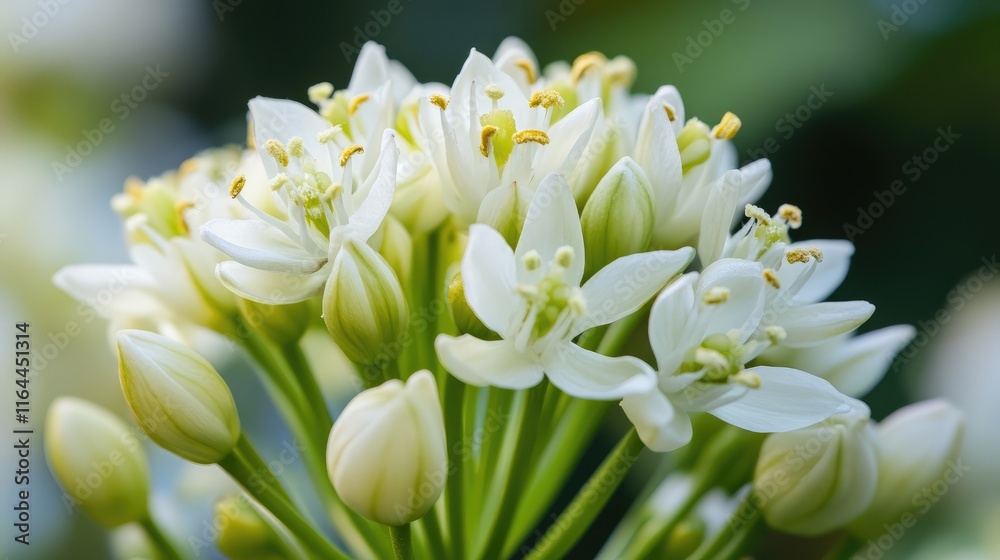 Obraz premium Delicate close-up of blooming white flowers showcasing intricate petals and vibrant yellow stamens in natural light