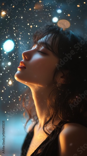 Woman reflecting amidst a celestial background of stars and galaxies in a dre...