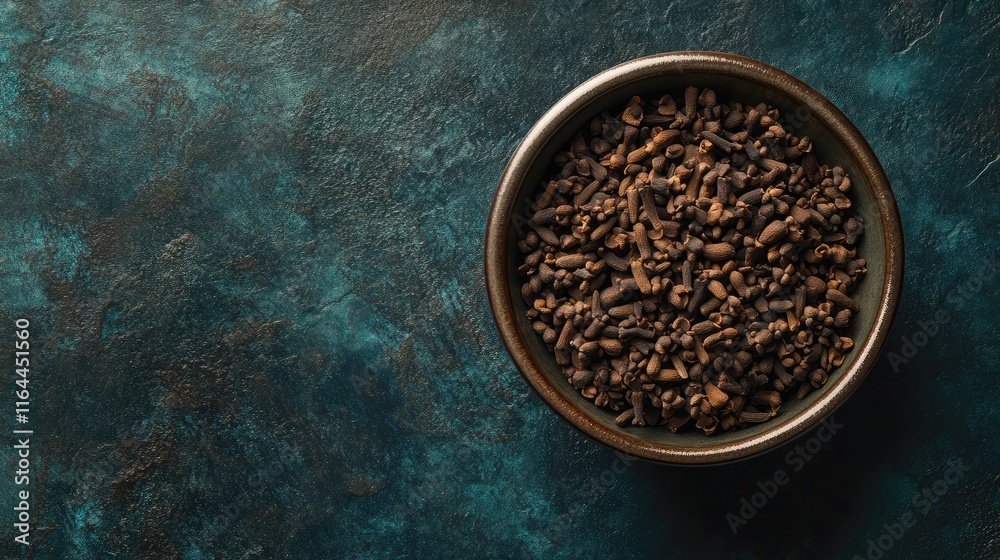 Bowl of Raw Clove Spices on Textured Dark Background Perfect for Culinary and Natural Health Concepts Bowl of Raw Clove Spices on Textured Dark Background Perfect for Culinary and Natural Health Concepts