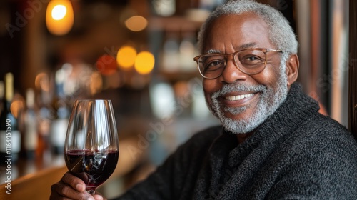 Senior man enjoying red wine at a cozy bar on a relaxed evening