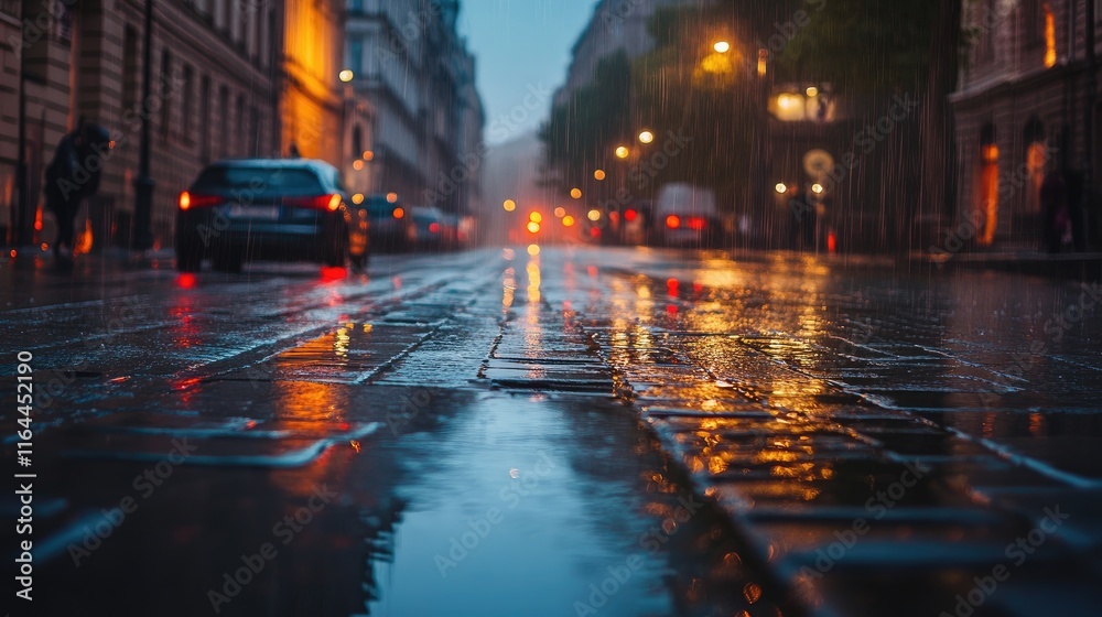 reflections on wet pavement in city street during rain at dusk with glowing streetlights and cars creating a moody atmospheric scene reflections on wet pavement in city street during rain at dusk with glowing streetlights and cars creating a moody atmospheric scene