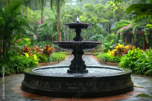 Sunlight shines through trees illuminating a fountain in a tranquil park sett...