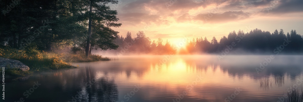 Fototapeta premium Serene Sunrise Over Foggy Lake And Trees