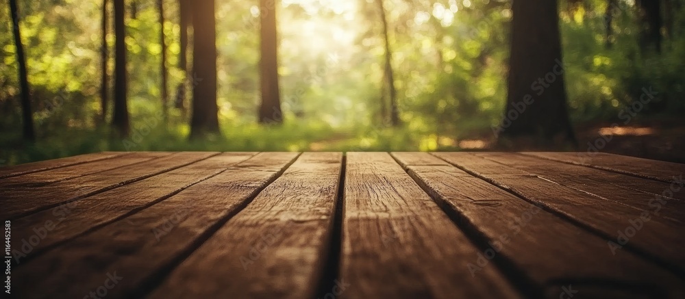 Wooden tabletop in forest setting with soft focus blurred trees perfect for nature themed decor and rustic tabletop presentations Wooden tabletop in forest setting with soft focus blurred trees perfect for nature themed decor and rustic tabletop presentations