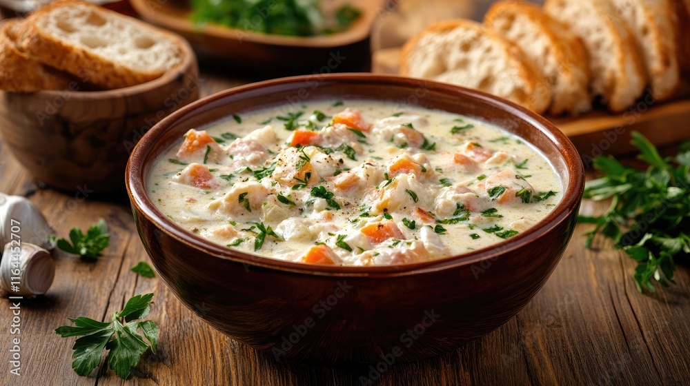 Homemade vegetable cream soup served in a wooden bowl with fresh bread on a rustic table setting Homemade vegetable cream soup served in a wooden bowl with fresh bread on a rustic table setting