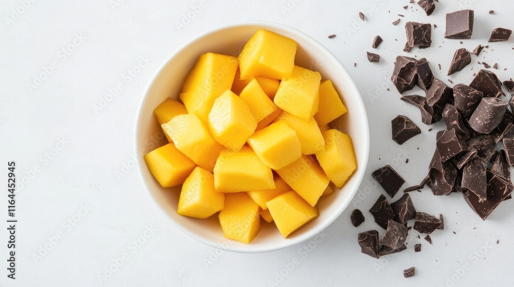 Fresh mango cubes paired with rich chocolate pieces on a clean white surface creating a delightful contrast and appealing snack presentation. Fresh mango cubes paired with rich chocolate pieces on a clean white surface creating a delightful contrast and appealing snack presentation.