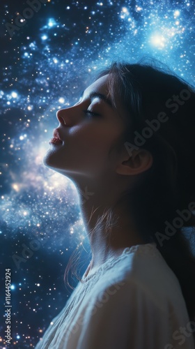 Woman reflecting amidst a celestial background of stars and galaxies in a dre...